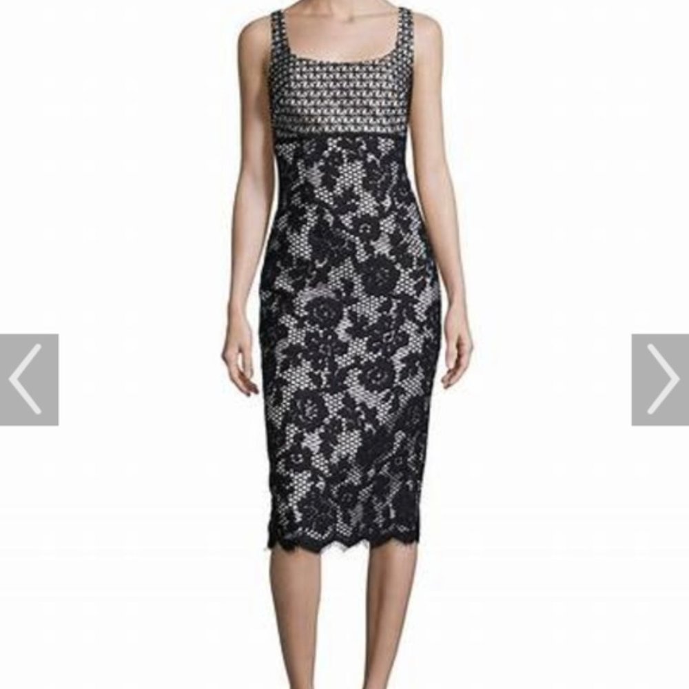 Monique Lhuillier Black and White Lace Floral Over Satin Cocktail Dress (NWOT)